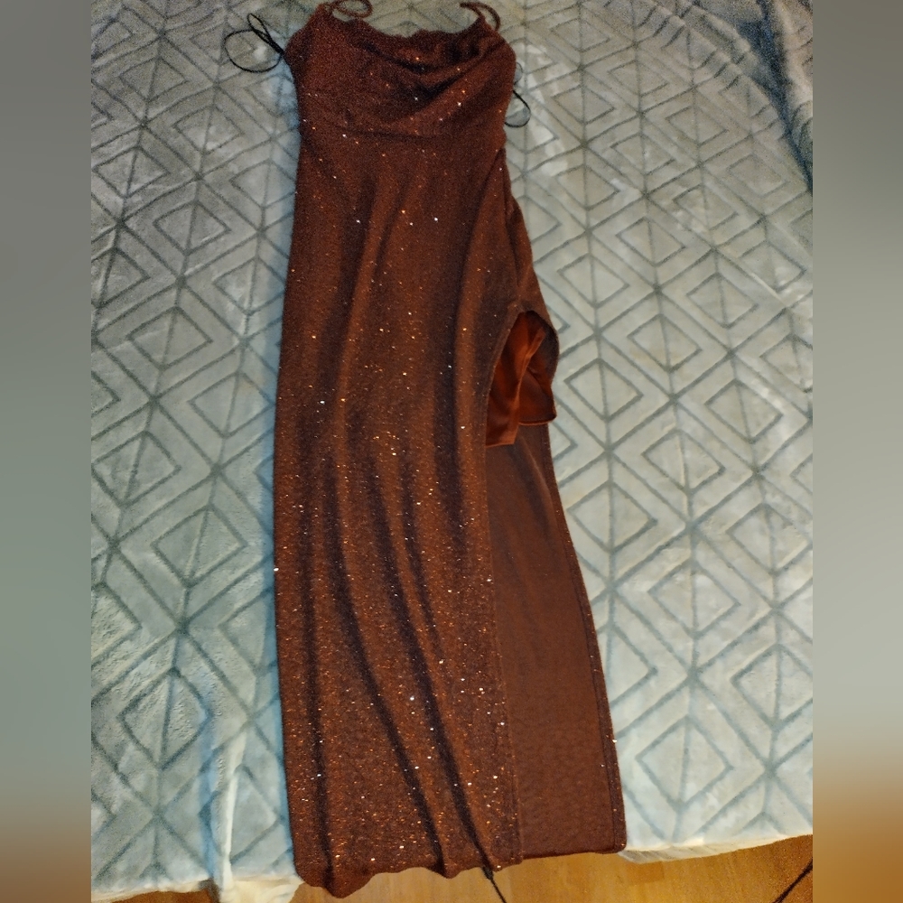 Windsor Prom Dress, Floor length, Body con, Leg slit, Copper sparkles,